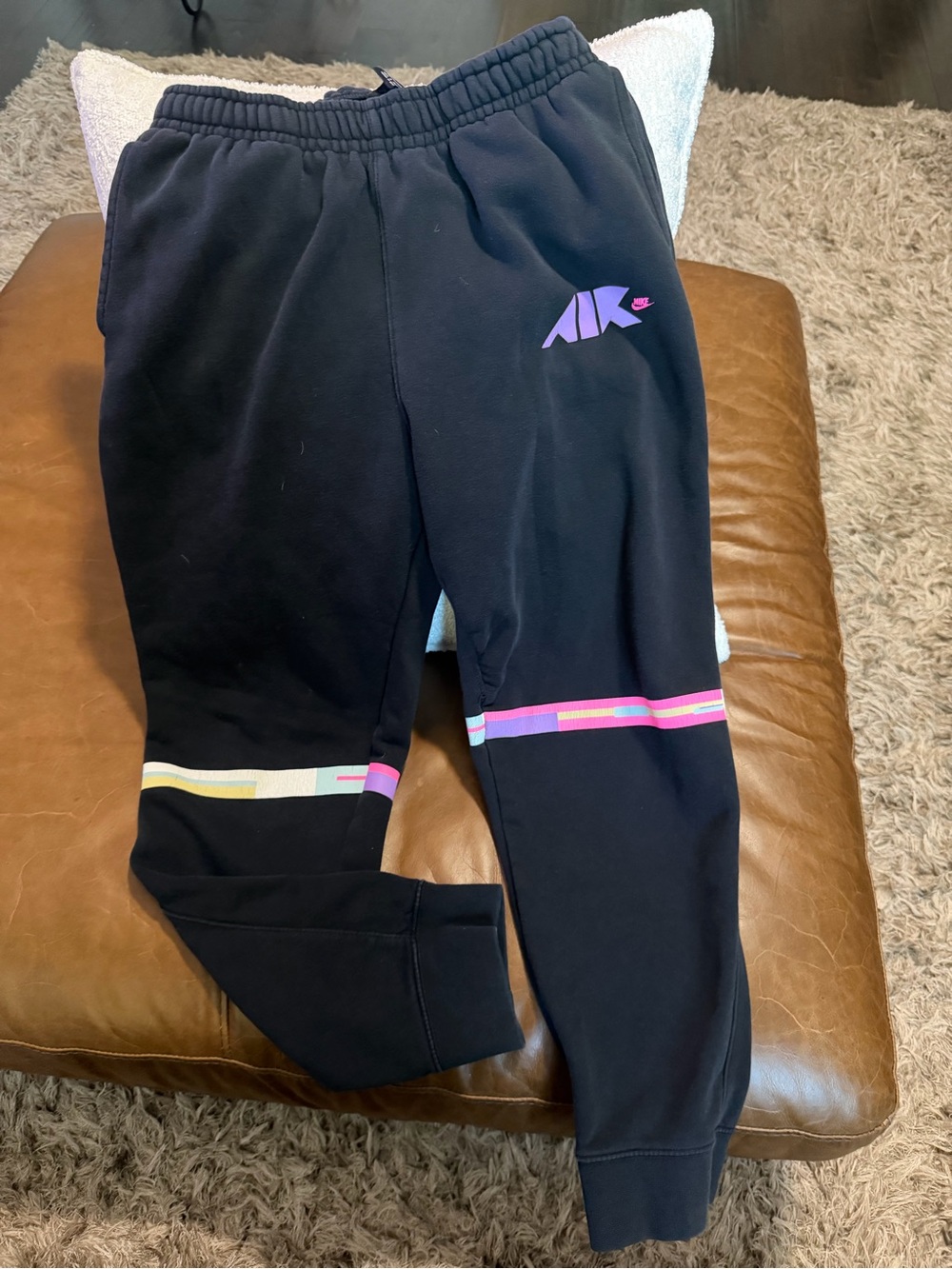 Nike Black Sweatpants with Pink and Cream Stripe Accents